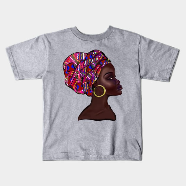 Afro queen With pink Kinte headwrap- Mahagony brown skin girl with thick glorious, curly Afro Hair and gold hoop earrings Kids T-Shirt by Artonmytee